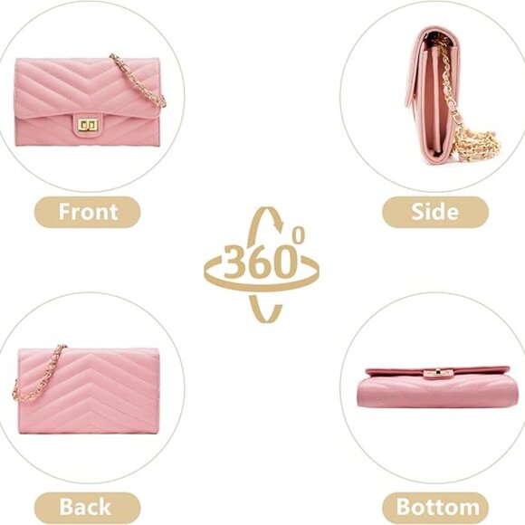 Womens Envelope Crossbody Clutch handbag with chain Pink Quilted - Picture 8 of 12